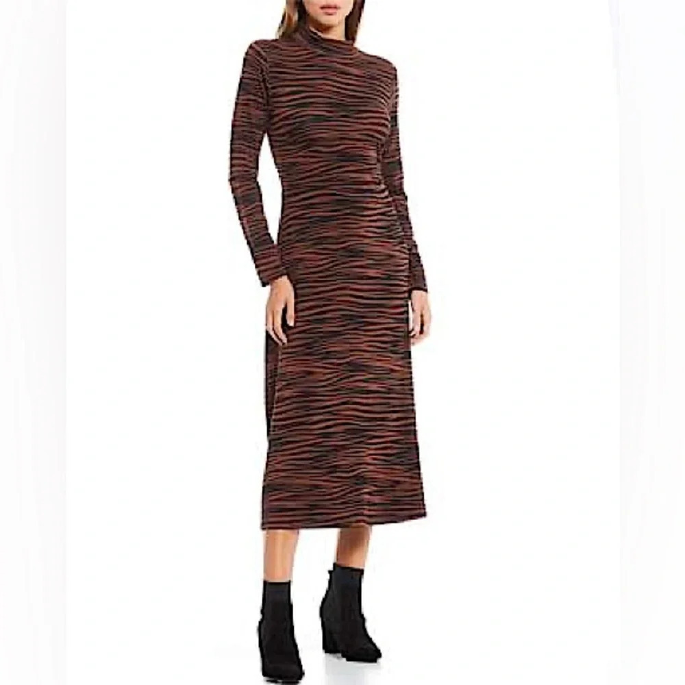 Skies Are Blue Animal Print Mock Neck Midi Bodycon Dress XS Brown Black
